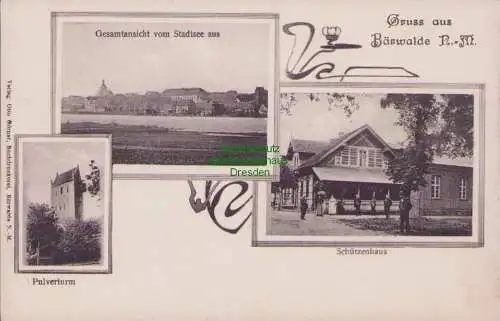 156868 Ansichtskarte Bärwalde N.-M. um 1905 Pulverturm Schützenhaus