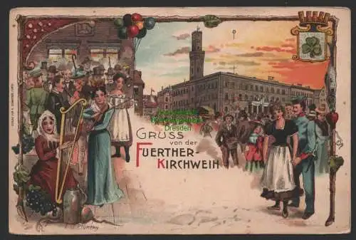 154127 Ansichtskarte Fuerther Kirchweih Bayern Privatganzsache Harfe Geige sign J. Pluntky