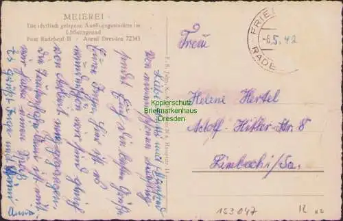 153047 AK Meierei Gaststätte Lössnitzgrund Post Radebeul 1942