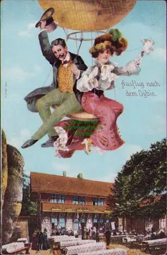 153019 Ansichtskarte Oybin Ausflug durch die Luft Ballon Gaststätte Biergarten 1907