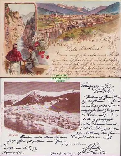 152932 2 Ansichtskarte Litho Davos Platz 1898 Fotokarte Winter 1899