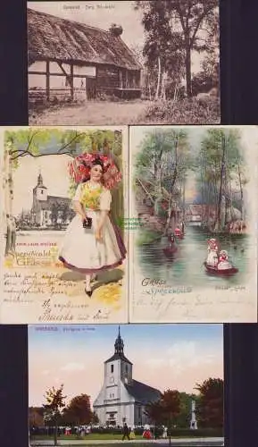 152856 4 Ansichtskarte Spreewald Litho Kirche Burg Frau Tracht 1901 Kirchgang Storchidyll