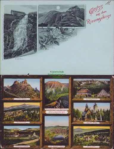 153009 2 Ansichtskarte Riesengebirge Elbfall Mondscheinlitho um 1900 Bergschmiede Brunnberg