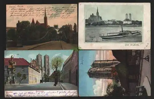 150513 4 Ansichtskarte Breslau 1906 Oderpartie Dominsel Dombrücke 1904 Domstraße 1906