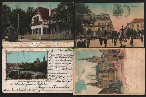 150459 4 Ansichtskarte Aachen 1899 Elisenbrunnen Waldschenke Straßenbahn 1906 Rathaus 1903