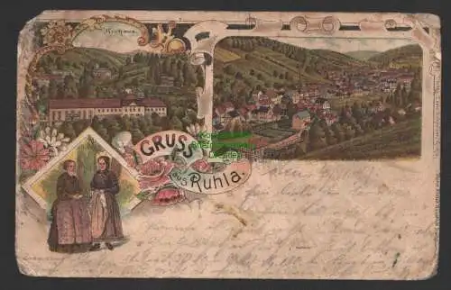 149250 Ansichtskarte Ruhla Litho 1897 Kurhaus Panorama Tracht