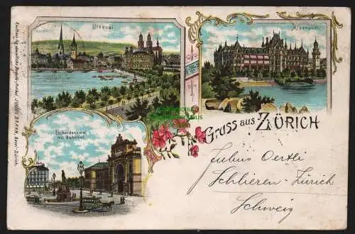 149340 Ansichtskarte Zürich Litho 1899 Alpenquai Bahnhof