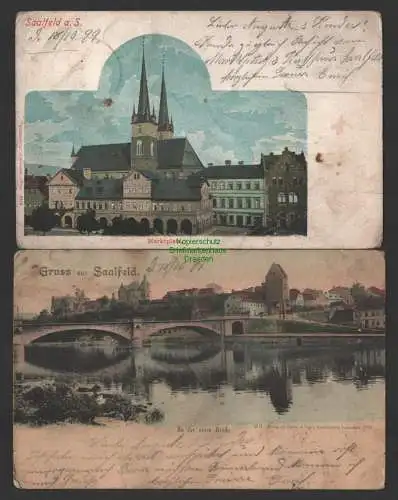 149255 2 Ansichtskarte Saalfeld Saale Marktplatz 1899 Panorama an der neuen Brücke