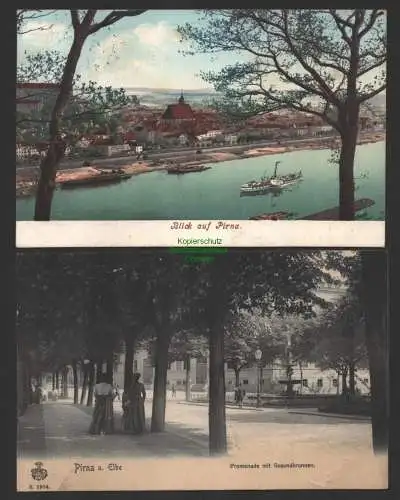 149143 2 Ansichtskarte Pirna 1909 Panorama Promenade mit Gesundbrunnen 1905