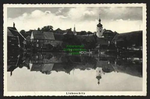 146917 AK Liebeschitz See mit Kirche Notstempel Bahnpost Leipa Lobositz 1938