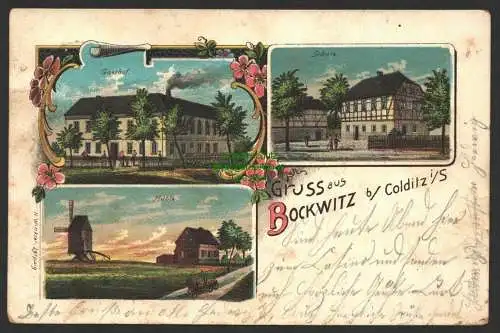 147114 AK Bockwitz bei Colditz i. S. Gashof Windmühle Schule 1903