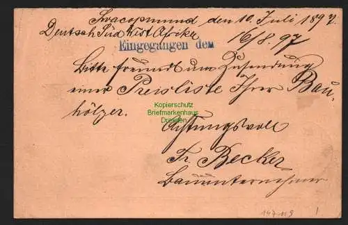 147119 DSW Ganzsache Mitläufer SWAKOPMUND 1897 Bedarf Bauunternehmer an