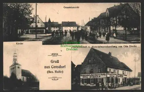 147091 Ansichtskarte Cossdorf Bez. Halle 1923 Kirche Gastwirtschaft Diecke Materialwaren