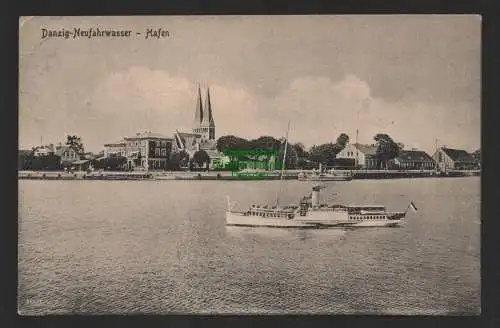 147279 Ansichtskarte Danzig Neufahrwasser Hafen Panorama mit Kirche 1916