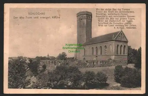 147025 Ansichtskarte Schlochau Wpr. Der alte Turm und evangel. Kirche 1913 Feldpost