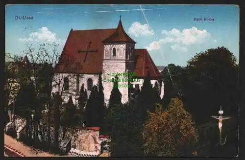 146875 Ansichtskarte Deutsch Lissa b. Breslau Wroclaw kath. Kirche 1916 Feldpost