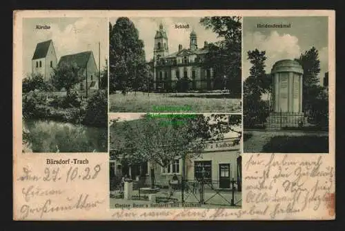 146747 Ansichtskarte Bärsdorf-Trach Niedzwiedzice 1928 Kirche Schloß Heldendenkmal Kaufhaus