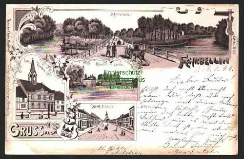 146489 AK Fehrbellin 1899 Litho Rhinbrücke Kath Kirche Marktstraße Schleuse Park