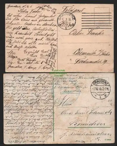 144571 2 AK farbig Graudenz 1915 1916 Schlossberg Weichselbrücke