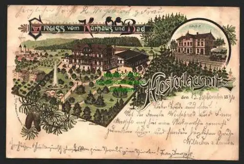 143389 Ansichtskarte Klosterlausnitz Litho 1896 Gruss vom Kurhaus und Bad Bahnhof