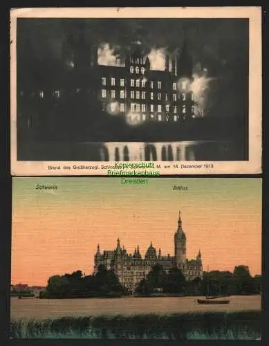 143739 2 Ansichtskarte Schwerin Schloss 1919 Brand Feuer 1913