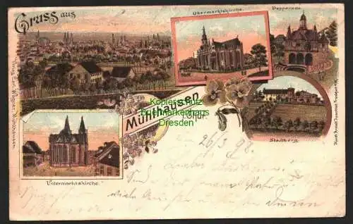 143310 Ansichtskarte Litho Gruss aus Mühlhausen i. Thür. 1898 Kirchen Popperode Stadtberg