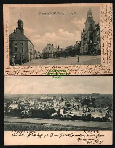 143422 2 Ansichtskarte Stollberg i. Erzgeb. 1903 Panorama Bahnpost Marktplatz 1905