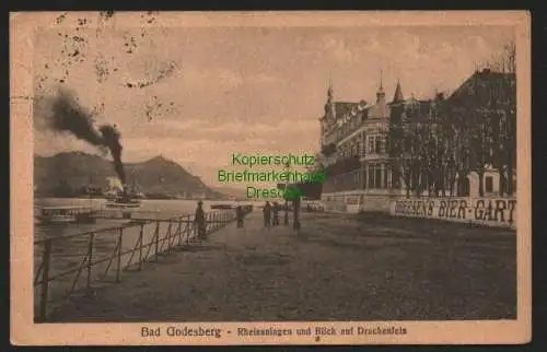 143647 Ansichtskarte Bad Godesberg Rheinanlagen Dreesens Bier Garten Drachenfels 1920