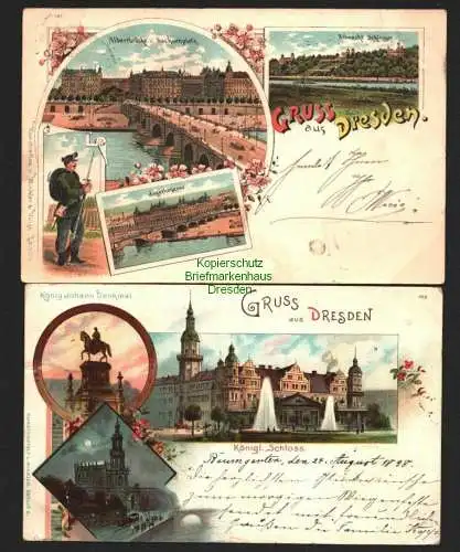 143085 2 Ansichtskarte Dresden Litho 1898 Albertbrücke Jägerkaserne Albrechts´Schlösser