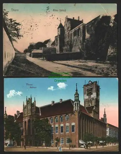 142928 2 Ansichtskarte Thorn Torun Wpr. Westpreußen Altes Schloß 1914 Rathaus 1916