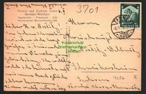 142971 AK Tanne Harz 1935 Pension und Kurheim Bierhake Wohlfahrt