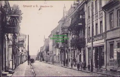 157075 Ansichtskarte Schwedt a. Oder 1915 Vierradener Strasse Geschäft Carl Engelmann