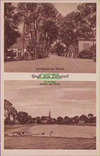 157342 Ansichtskarte Zorndorf Sarbinowo um 1930 Dorfstraße Schule Partie am Pfuhl Kirche