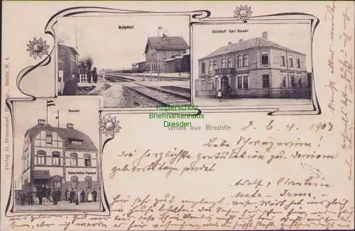 157262 Ansichtskarte Breddin 1903 Bahnhof Gasthof Karl Glaser Postamt