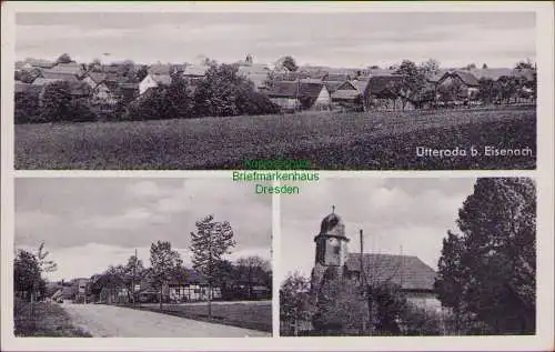 157376 Ansichtskarte Ütteroda Krauthausen bei Eisenach 1940 Kirche Dorfstraße Panorama