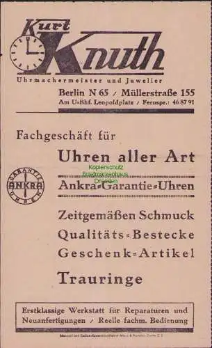 B-17926 Werbeblatt Rechnung Knuth Uhrmachermeister Berlin N65 Müllerstraße