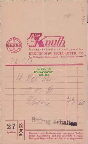 B-17926 Werbeblatt Rechnung Knuth Uhrmachermeister Berlin N65 Müllerstraße