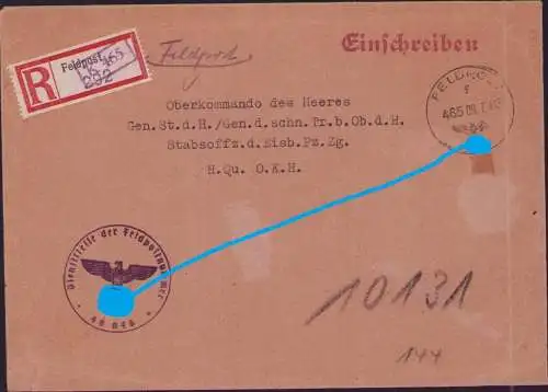 B-16588 DR Deutsches Reich Feldpost OK des Heeres O.K.H. 1942 Einschreiben Stumm