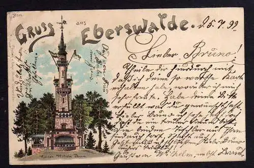 92462 Ansichtskarte Eberswalde Litho 1899 Kaiser Wilhelm Turm