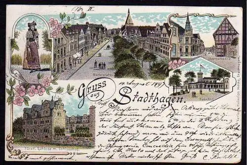 51145 AK Stadthagen Litho 1899 Schloss Tracht Markt Obernstraße Bahnhof