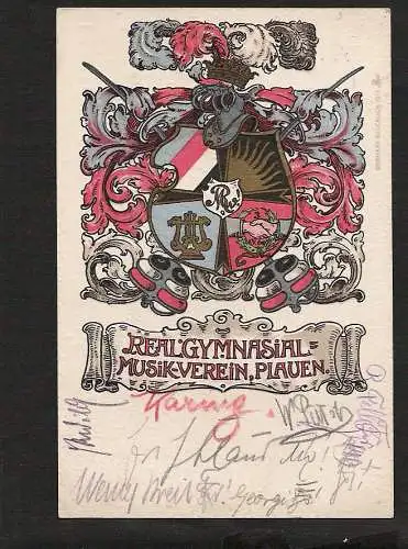 21527 AK Plauen Realgymnasial Musik Verein Studentika Wappen Autogramme 1915