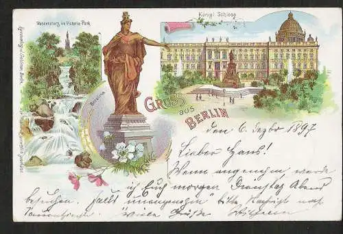 21152 Ansichtskarte Litho Berlin Berolina Schloss Victoria Park  1897  Verlag J. Goldiner