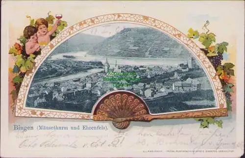 171696 AK Bingen Mäusethurm und Ehrenfels Fächer geprägt 1902 Passepartout