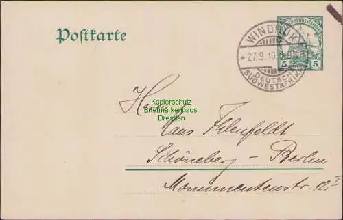 158369 Ganzsache mit WZ Windhuk Deutsch Südwestafrika 1910 Grußtext Zu Sammler