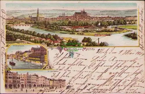 154808 AK Litho Gruß aus Metz 1909 Panorama Felsenstraße St. Ludwigsplatz