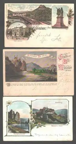 145917 3 AK Bad Münster am Stein Litho Hotel z. Schwan 1898 Anno 1442 Ebernburg