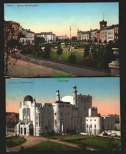 143158 2 AK Cottbus Kaiser Wilhelmplatz 1915 Stadttheater 1912