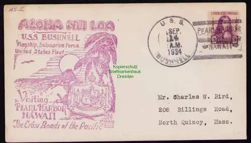 B18315 USA Brief Schmuckzudruck 1934 U. S. S. Bushnell Aloha Nui Loa Pearl Habor