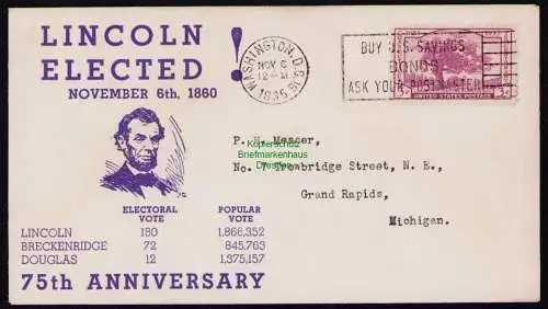 B18319 USA 376 Brief 1935 300 Jahre Besiedelung des Staates Connecticut Lincoln