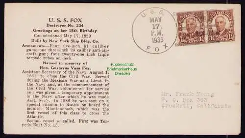 B18330 USA Brief  Schmuckzudruck 1935  U. S. S. Fox Destroyer 15th. Birthday to